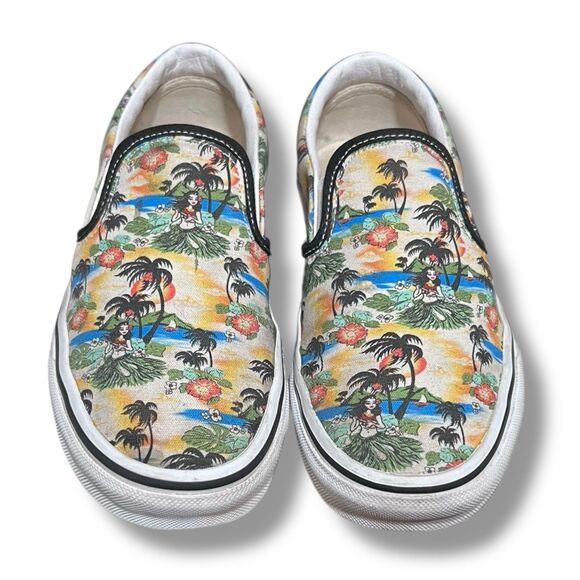 Vans Classic Slip-On Aloha Hawaiian Black True White Sneaker Women's Size 7 - Picture 1 of 11